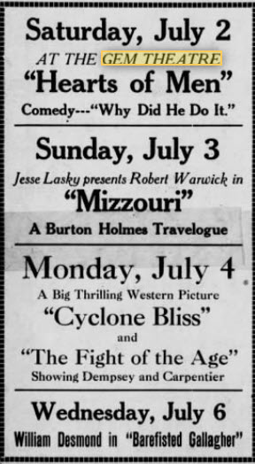 Gem Theatre - June 30 1921 Ad